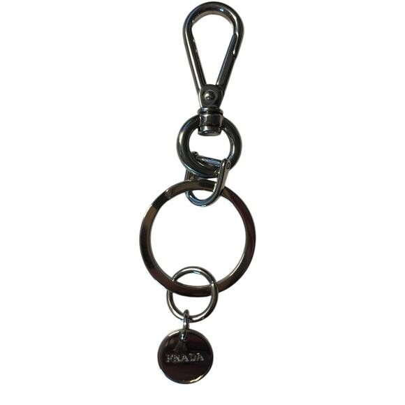 Prada Metal Keychain Key Ring Bag Charm Silver Engraved Logo Vintage - Picture 1 of 6